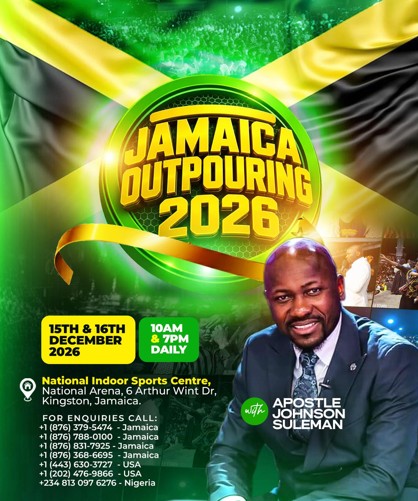 Jamaica Outpouring 2026 official conference banner featuring Apostle Johnson Suleman